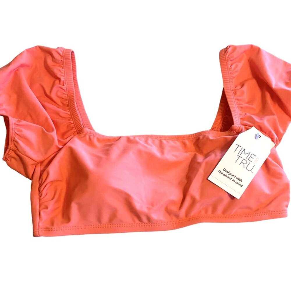 TIME & TRU Large 12-14 Peach Glow Halter Puff Sleeve Bikini TOP NWT